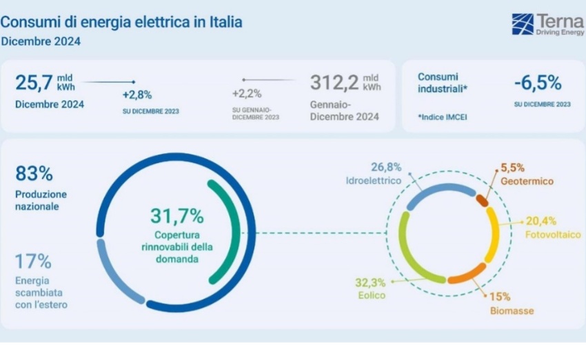 Consumi di energia elettrica in Italia e copertura della domanda (fonte Terna, dicembre 2024)