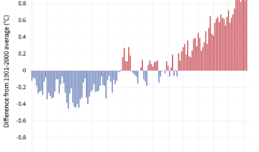 Andamento della temperatura del pianeta e variazioni rispetto al valore medio del XX secolo (Photo credit: climate.gov)